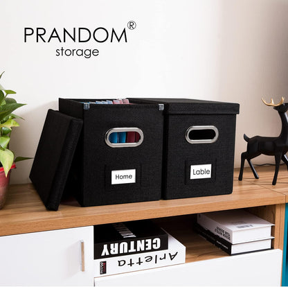 PRANDOM File Organizer Box - Set of 4 Collapsible Decorative Linen Filing Storage Hanging File Folders with Lids Office Cabinet Letter Size Black (14x9.3x10.8 inch)
