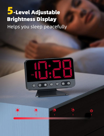 Digital Alarm Clocks for Bedrooms: Large Bold Number 5 Brightness Dimmer - Easy to Read Across The Room - 5 Alarm Sound 8 Night Light - Red