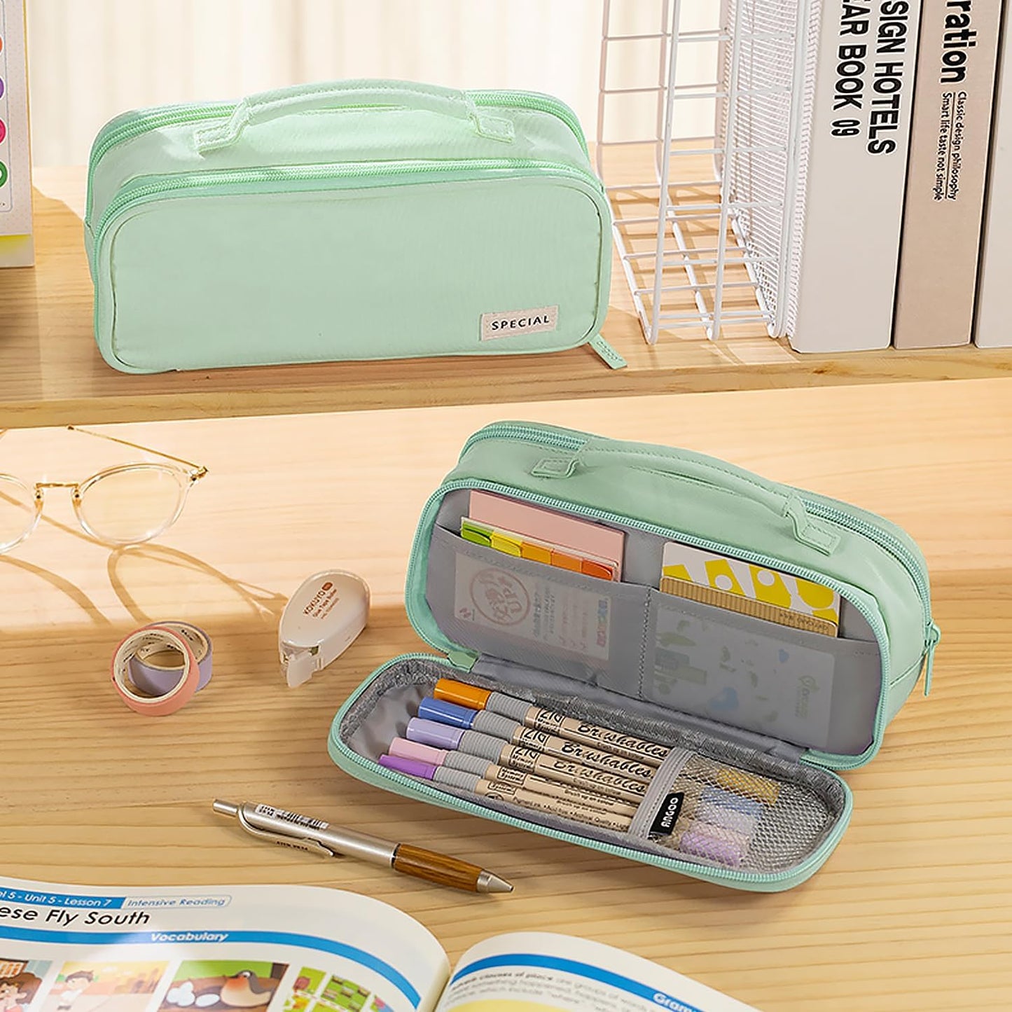 MAMUNU Pencil Case Large Capacity with 3 Compartments, Pencil Case Pouch Bag with Zipper Handle Portable Pen Stationery Organizer for Teen Girls Boys Adults College School Office Travel, Green