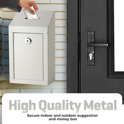 Metal Donation Box-Suggestion Box with Slot and lock-Cash Lock box for Money-Secure Drop Box-Comment and ballot voting box-comes with pre-drilled holes for easy wall mounting 10 X 6 X 2.5"(Off White)
