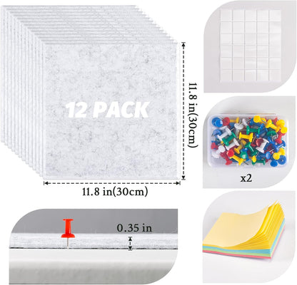 Large Cork Board Alternative, 12 Pack Felt Board with Safe Removable Adhesive Tabs Felt Wall Tiles, Large Cork Boards for Walls, Cork Board for Home Office, Pin Boards for Walls, Marble White