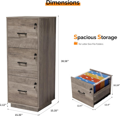 VINGLI 3 Drawer File Cabinet with Lock, Home Office Filing Organizer, for Letter Size File Folder Storage, Wood Tall Vertical Filing Cabinet, Printer Stand, Archivador (Rustic Gray)