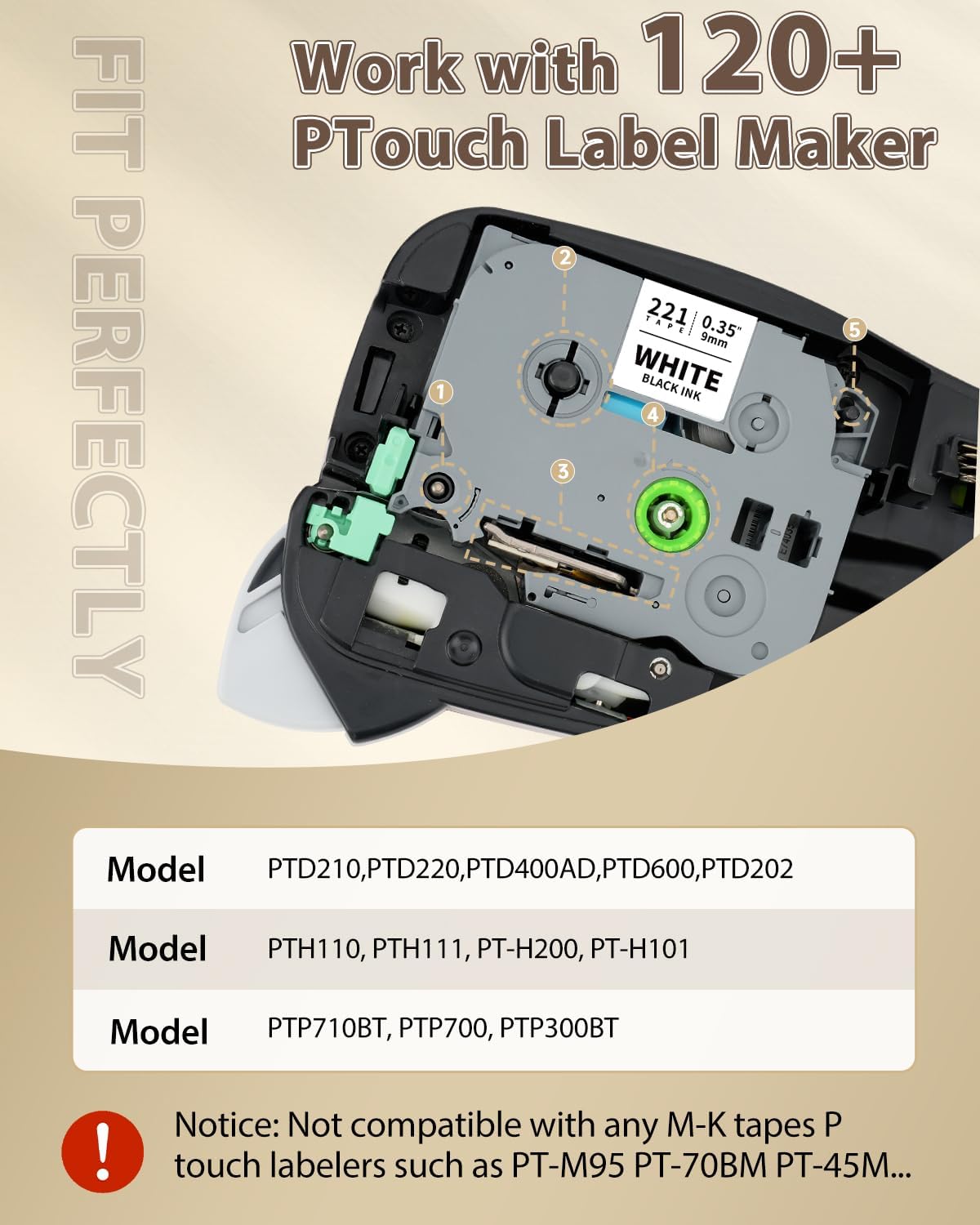 TZe-221 TZ Tape 9mm 0.35 Laminated White Compatible with Brother Label Maker Tape TZe-221 PTouch 3/8" Work with Brother PTouch D220 PTD210 PTH110 PTH111 PTP710BT PTD400 Cube, 6-Pack