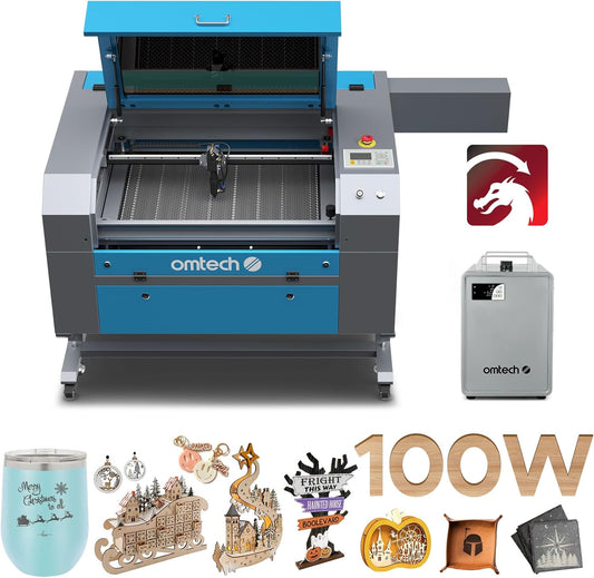 OMTech 100W CO2 Laser Engraver with LightBurn & Water Chiller, 20"x28" Laser Engraving Cutting Machine with 4 Way Pass Through Air Assist Wheels, Industrial Laser Cutter