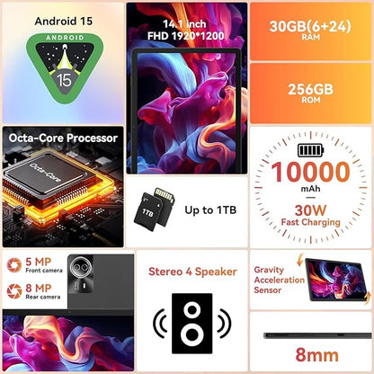 Tablet｜14 inch Android 15 Tablet｜30GB RAM 256GB ROM｜1920 * 1200 IPS FHD｜10000mAh 30W Fast Charging｜Octa-core Processor｜Wi-Fi 6, BT 5.4｜Dual Camera with Keyboard｜Mouse｜Stylus｜Case｜Headphone