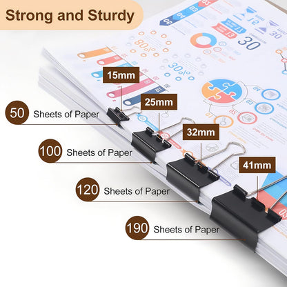 Black Binder Clips Assorted Sizes - Coideal 100 Pcs Metal Binder Paper Clips Foldback Bulldog Clip Clamps for Office School (Mini, Small, Medium, Large)