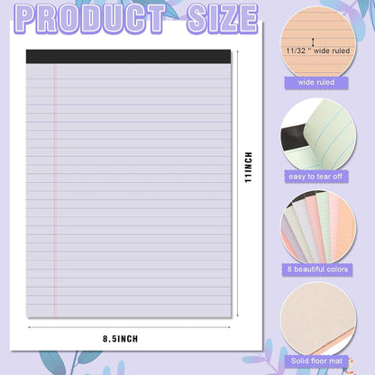 Fuutreo 8 Pcs 8.5'' x 11'' Colored Legal Pad Writing Pads Wide Ruled 50 Sheets Per Notepad Perforated Writing Notepad Office Supplies for School College Office Business (Mixed Colors)