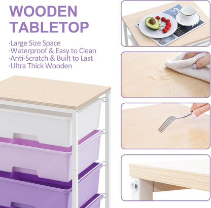 Utility Cart with 4 Drawers,Rolling Storage Cart with Drawers,Storage Rolling Drawer Cart with Wooden Tabletop for Bedroom,Kid's Room,Dorm,Classroom,Office, Purple