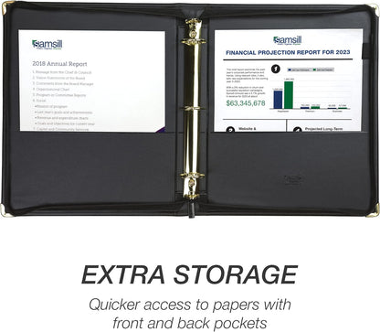 Samsill Classic Collection Leather Binder, Zippered, Executive Presentation Portfolio, 1.5 Inch (Holds 325 Sheets), Brass Round Ring, Black
