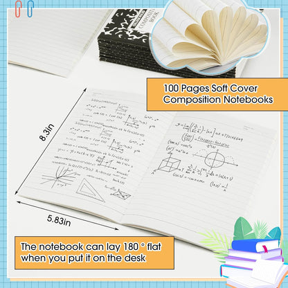 Fainne 100 Pack A5 Composition Notebooks Bulk College Ruled Composition Notebooks Marble Covers Notebook for Student Classroom Office Supplies 30 Sheet/60 Page(Black)