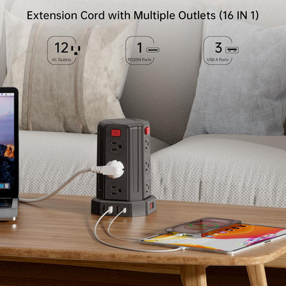 Power Strip Surge Protector, 10 Ft Extension Cord with 12 AC Multiple Outlets 4 USB (1 USB C), SMALLRT Power Tower Desktop Charging Station (Black, 10 FT PD20W)