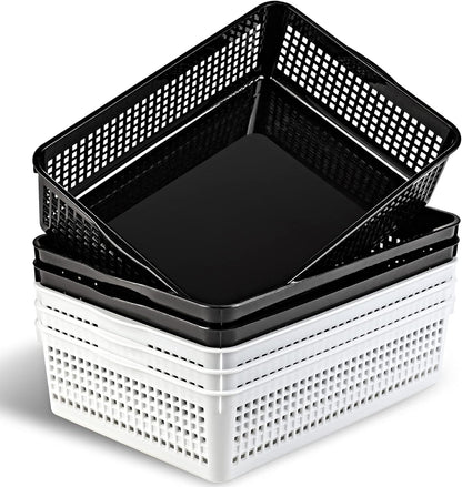 A4 Size Plastic Storage Basket,Desktop File Paper Letter Organizer Tray, 6-Packs (White+Black)