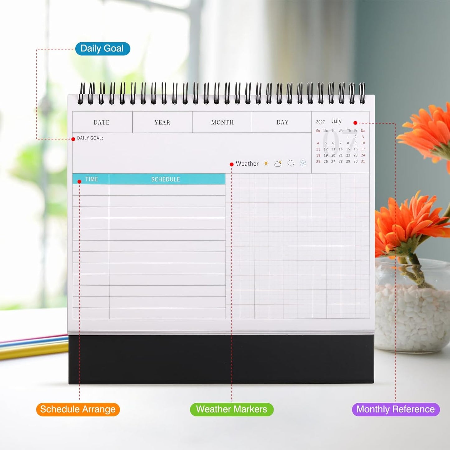 Desk Calendar 2026-2027, 2 Years Calendar Runs from Jan. 2026 until Dec 2027, Table Monthly Planner with Stickers for Home,Office,School Organization(L-Pink+Black,9.8" x 9.6")