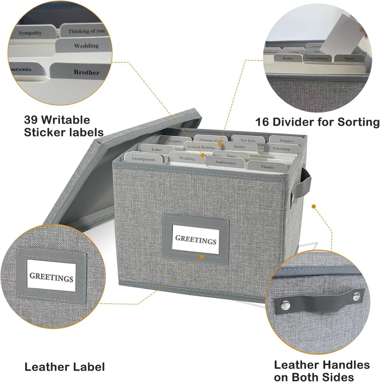 Greeting Card Organizer Box with 16 Dividers,Collapsible Greeting Card Storage Box with Handles Hold 150+ Cards,Greeting Card Holder for Greeting Cards,Sticker, Recipes, Photo, Envelope (Gray, 1 pcs)