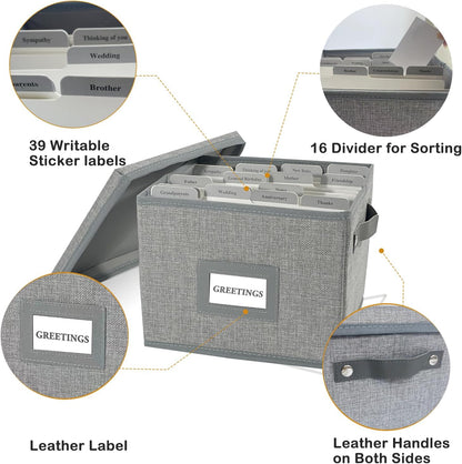 Greeting Card Organizer Box with 16 Dividers,Collapsible Greeting Card Storage Box with Handles Hold 150+ Cards,Greeting Card Holder for Greeting Cards,Sticker, Recipes, Photo, Envelope (Gray, 1 pcs)