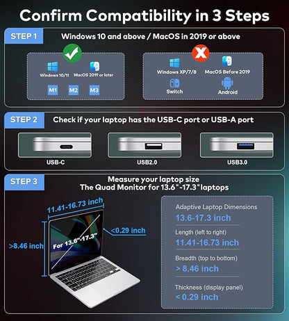 FOPO 14" Laptop Screen Extender Monitor Portable, Quad Monitor, Just 1 Cable for 3 Screens, FHD 1080P IPS Laptop Extender Compatible with Wins/Mac(M1 M2 M3) for 13.6" - 17.3" Laptops