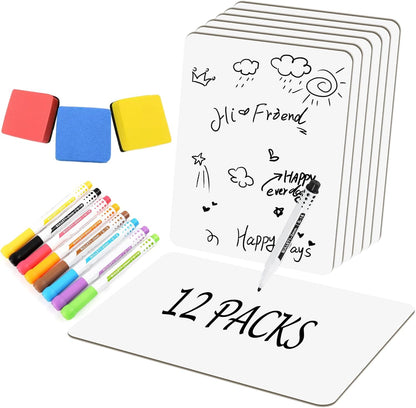 Set of 12 Small White Board Dry Erase Boards Classroom Pack 9" x12” Double Sided Personal Whiteboards for Students Teachers School Supplies Lapboards Mini Whiteboard Erasers Incl and Colors Pens