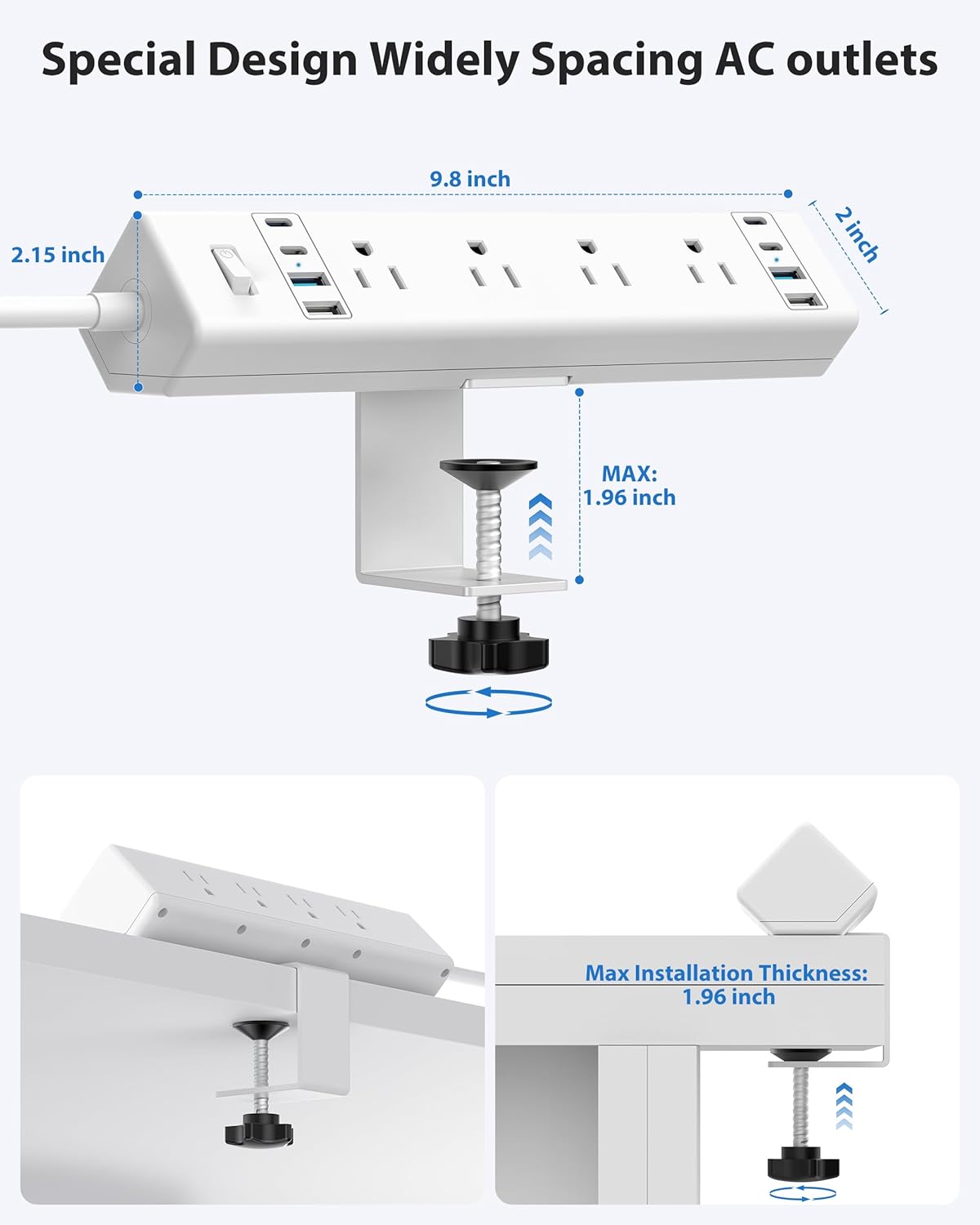 40W Fast Charging Station,Desk Clamp Power Strip 20W USB C,8 Outlets,8 USB Ports,4 USB C and 4 USB A, Office Furniture Surge Protector, 14AWG Cord, Fits 1.9" Tabletop Edge (White, 10FT Length)