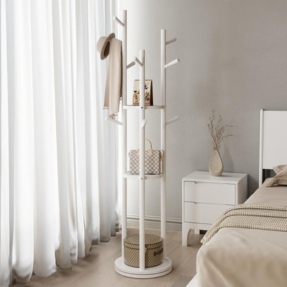 Solid Wood Rotary Coat Rack, Freestanding Coat Rack with 3 Shelves and 9 Hooks, Coat tree for Bedroom, Entryway, Livingroom, Coat Hanger Stand for Coats, Scarves, Handbags (White)