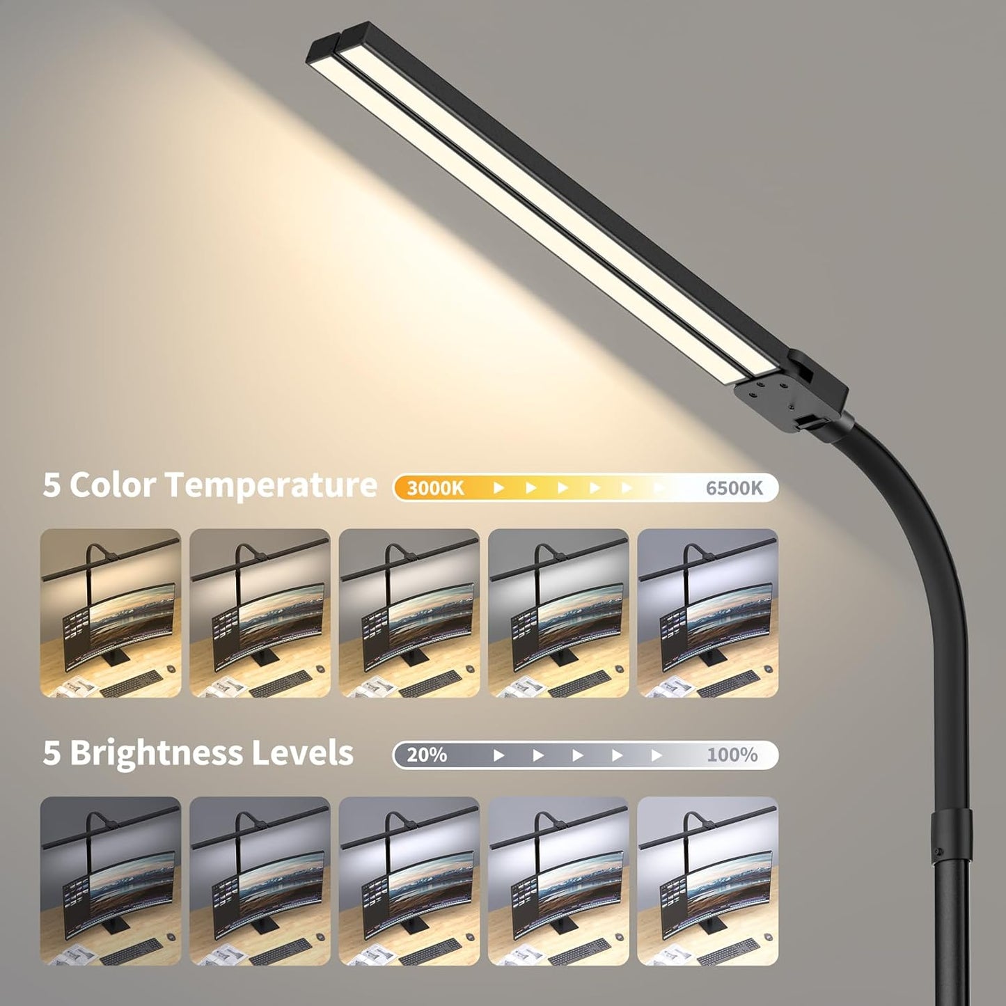 Desk Lamp Architect Task Dual Head Modern Flexible Gooseneck Tall Dimmable Light for Home Office, 5 Color Modes,Remote Control, 1500lm 24W Extra Bright Lighting