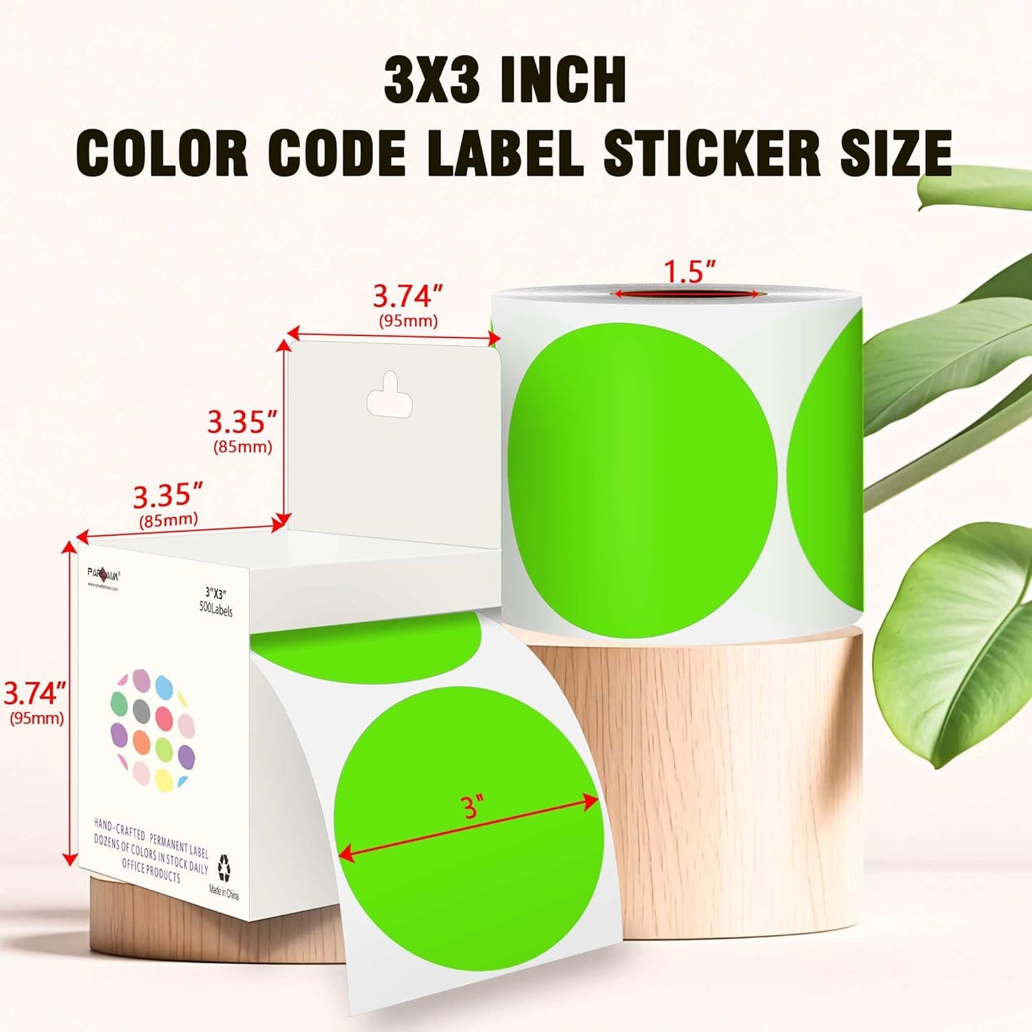 PARLAIM 3”Color Coding Labels Stickers,4Rolls/2000per Dispenser Box Round Adhesive Circle Dot Stickers for Inventory Office Home (Green)