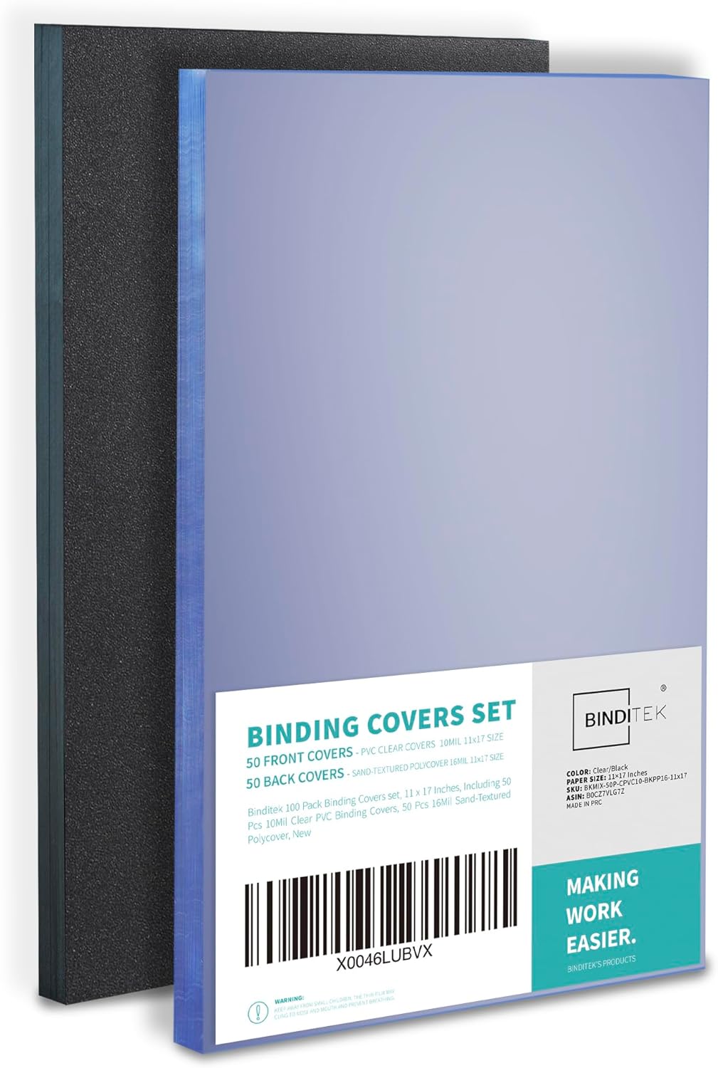 Binditek 100 Pack Binding Covers and Backs Set, 11 x 17 Inches, 50 Clear PVC (10Mil), 50 Sand-Textured Polycovers (16Mil), Tabloid Size