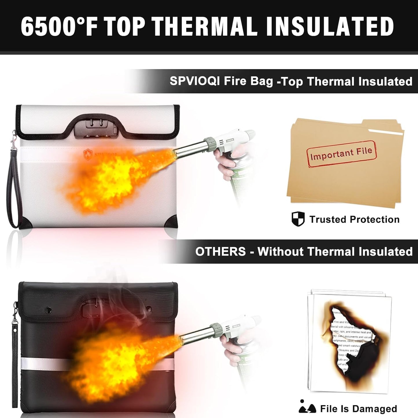 6500°F Fireproof Document Bag with Lock, Upgraded Fireproof Money Bag for Cash w. Zipper/Reflective Strip, 10Layers of Heat Insulated Materials, Water Resistant Fireproof Bag for Documents