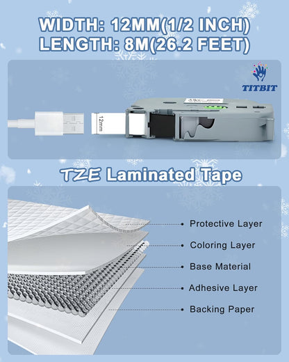 Label Maker Tape Replacement for Brother P Touch Label Tape TZE-231 Tz231 Laminated Tape Black on White 12mm 0.47 inch x 26.2ft 8m 1/2 for Ptouch PTD400AD PTH110 PT-D210 PT-D400 PTD600 PTD220,5 Pack