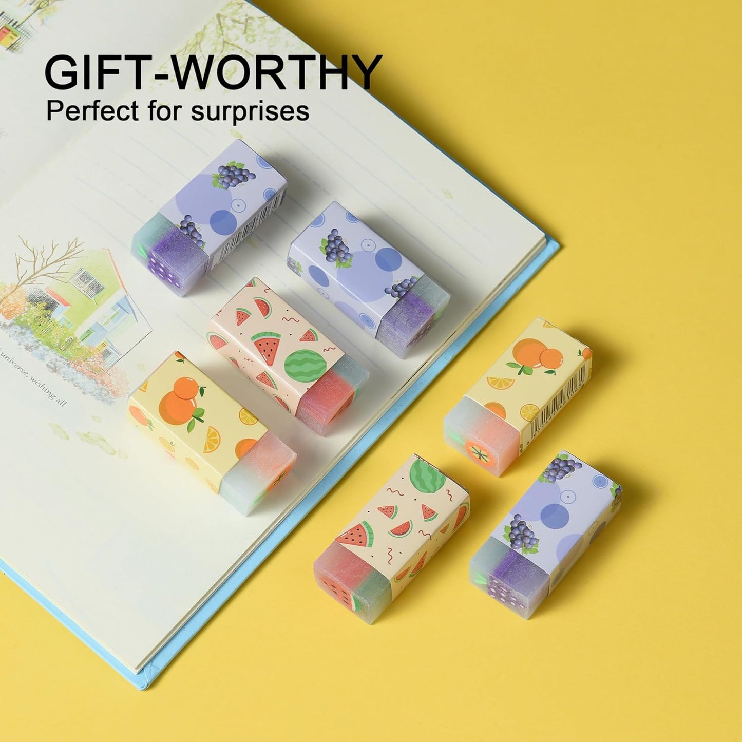 18Pcs Cute Fruit Erasers for Kids Bulk, Kawaii Fun Pencil Jelly Erasers for School Classroom Supplies Prize Gifts Party Favors