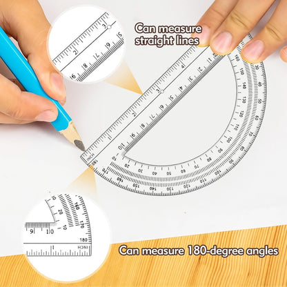 3 Pcs Plastic 12 Inch Ruler, Clear Protractor and Compasses Set for Student Geometry, Durable Transparent Drawing Measuring Rulers for School Office