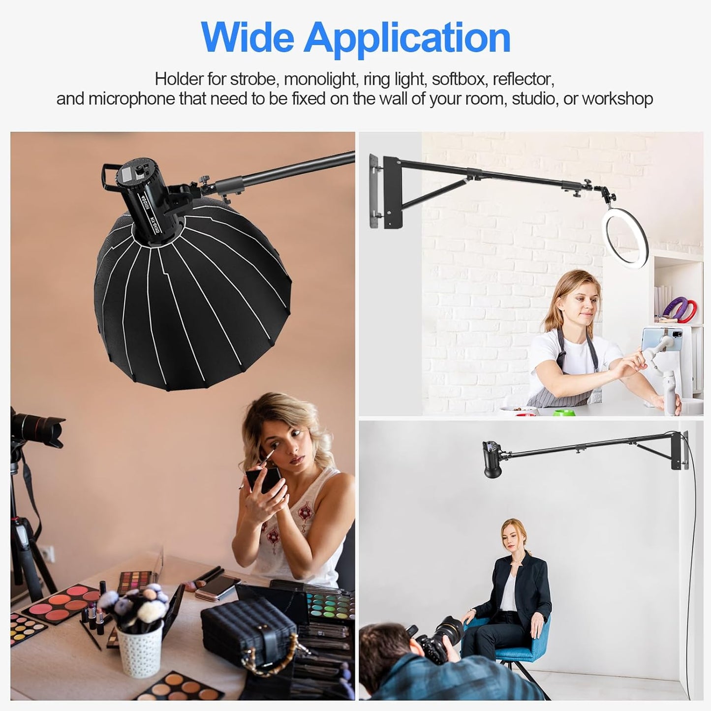 Wellmaking Wall Mount Triangle Boom Arm 53inch/135cm Length Adjustable Support 180° Flexible Rotation, Up to 4.26ft. With Tilt Adapter Light Stand with Standard 1/4 to 3/8 Metal Male Screw Photography