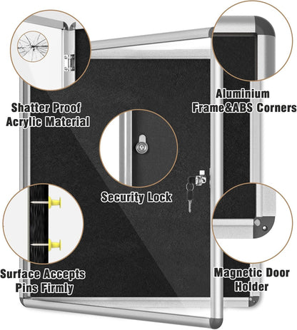 28"x26" Enclosed Bulletin Board, Lockable Weather-Resistant Aluminum Cork Noticeboard for School & Office, Silver Frame w/Black Flet