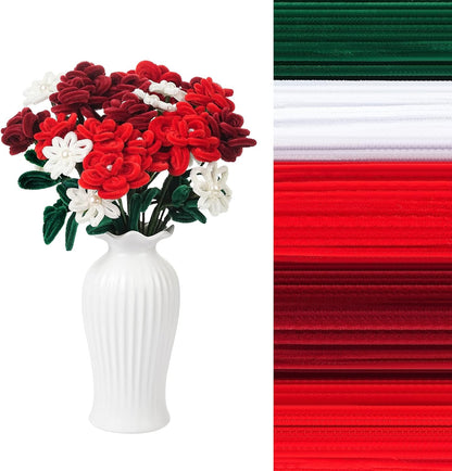 400 Pcs Red Pipe Cleaners for Crafts, 4 Colors Chenille Stems Bulk with Floral Wires, Gardening Tape,Hot Glue Stick，Greeting Card,Bouquet Paper, Pearl & Ribbon, Flowers Craft kit for Christmas
