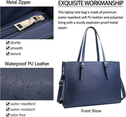 Laptop Bag for Women Waterproof Lightweight Leather 15.6 Inch Computer Tote Bag Business Office Briefcase Large Capacity Handbag Shoulder Bag Professional Office Work Bag Blue