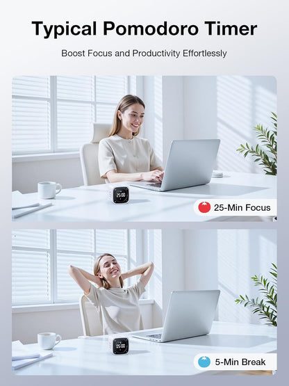 TK3 Pomodoro Timer Cube, Desk Productivity Timer with 5/10/30/60 Min Presets, Custom Countdown, Stopwatch, Clock, 3 Alarm, Silent, Vibrate & Sound Alert, for Task, ADHD, Study, Kitchen, White