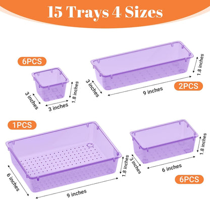 15 PCS Clear Plastic Drawer Organizer Set, 4-Size Acrylic Drawer Storage Trays, Storage Bins for Makeup, Gadgets, and Jewelry in Bathroom, Bedroom and Office, Clear Purple