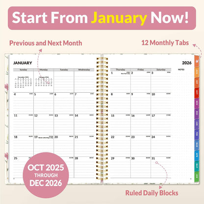 SUNEE 2026 Weekly and Monthly Planner - from January 2026 - December 2026, 8.5"x11" Daily Agenda Planner with Monthly Tab, Flexible Cover, Note Pages, Pockets, Bookmark, Spiral Binding, Wildflowers