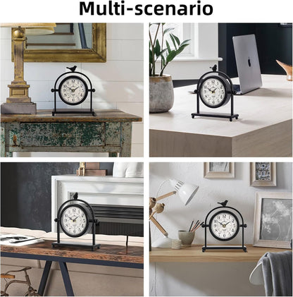 MODE HOME Silent Battery Operated Black Metal Analog Desk Clock with Bird, Small Table Clock for Farmhouse Decor, Mantel Shelf, Home and Living Room