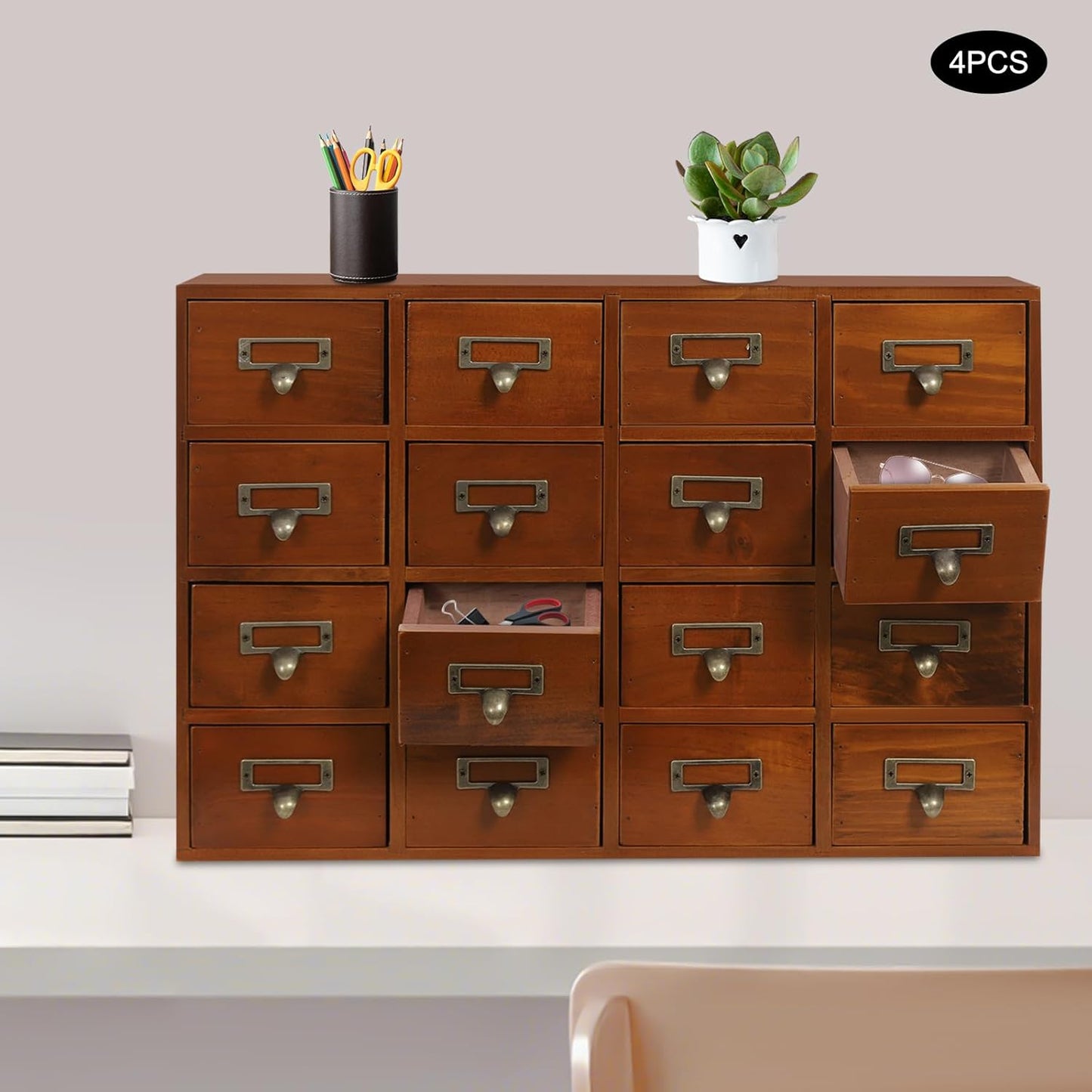 Vintage Drawer Wooden Desk Organizer, 16-Drawer Gift Storage Case Organizer Stand, Iron Label Holders, Brown, For Store Cosmetics, Files, Books, Letters, Papers, Magazines (64-Drawer/Brown)