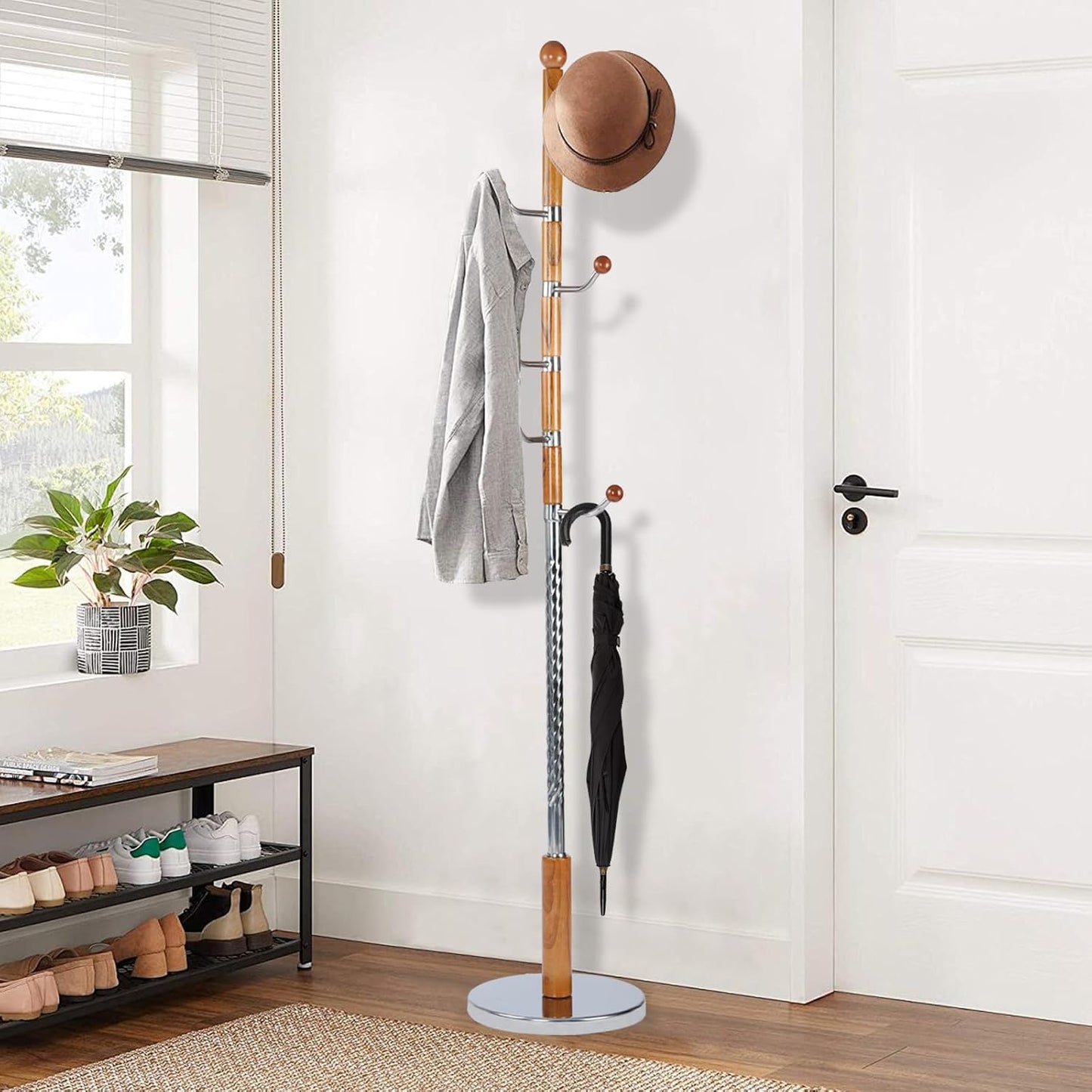 Wooden Coat Rack Freestanding, Vintage Coat Racks with Sturdy Round Base, Adjustable Height 37.40"-72.83" Entrance Coat Rack for Bedroom Living Room Entryway (Solid Wood Metal Hook)