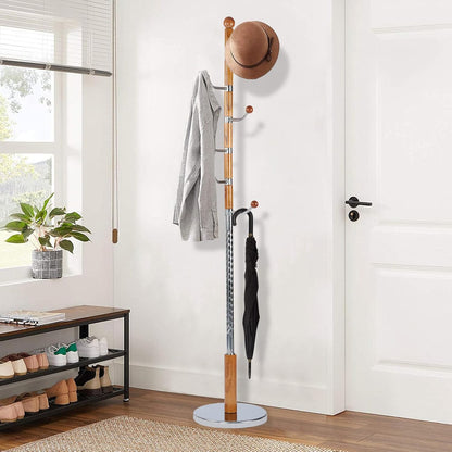 Wooden Coat Rack Freestanding, Vintage Coat Racks with Sturdy Round Base, Adjustable Height 37.40"-72.83" Entrance Coat Rack for Bedroom Living Room Entryway (Solid Wood Metal Hook)