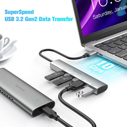 RSHTECH 4 Ports USB C 3.1/3.2 Gen 2 Hub 10Gbps with 2 USB-C and 2 USB-A Data Ports, Portable Aluminum USB Splitter for Laptop, MacBook Pro, and More Type C Devices, Gray, RSH-RX05