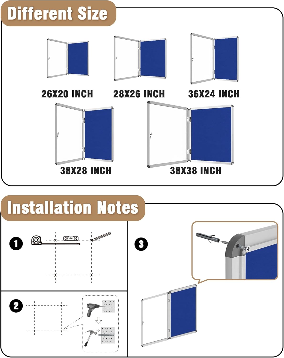 36"x24" Enclosed Bulletin Board, Lockable Weather-Resistant Aluminum Cork Noticeboard for School & Office, Silver Frame w/Blue Flet