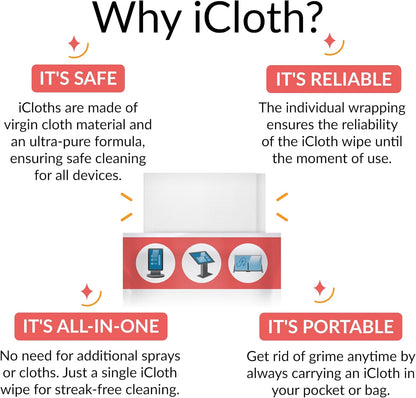 iCloth 70% Isopropyl Alcohol XL Screen and Electronics Wipes, Lint-Free, Streak-Free, Fast-Drying, Removes Dust and Fingerprints (24 Wipes)