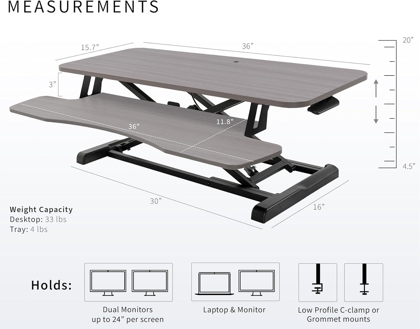 VIVO 36 inch Desk Converter, K Series, Height Adjustable Sit to Stand Riser, Dual Monitor and Laptop Workstation with Wide Keyboard Tray, Gray Top, Black Frame, DESK-V036KG