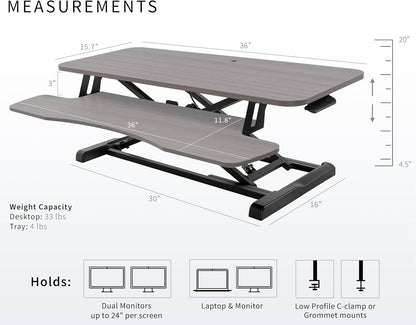 VIVO 36 inch Desk Converter, K Series, Height Adjustable Sit to Stand Riser, Dual Monitor and Laptop Workstation with Wide Keyboard Tray, Gray Top, Black Frame, DESK-V036KG