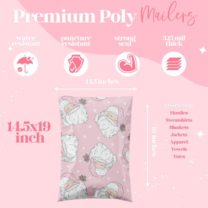 10x13 Designer Christmas Holiday Poly Mailer 100 Pack Heavy Duty Waterproof Self Seal Shipping Bags Large Mailing Envelopes Bulk Tear Resistant Cute Packaging Pink Santa