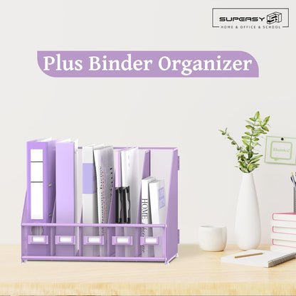 SUPEASY Desk Organizers Metal Desk Magazine File Holder with 5 Vertical Compartments Rack File Organizer for Office Desktop, Home Workspace, Purple Plus