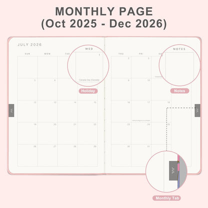 And Per Se 2026 Planner-Daily, Weekly & 15-Monthly Leather Hardcover Planner, 5.7" x 8", Daily Schedule, Monthly Tabs, 100 GSM Thick Paper, Back Pocket(Pink)