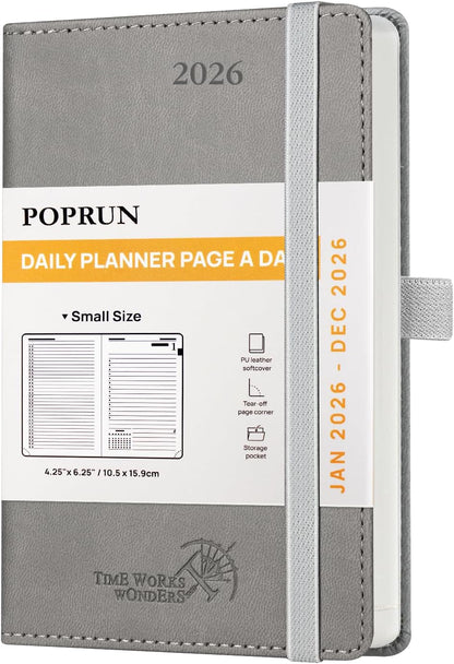 POPRUN Daily Planner 2026 (Jan - Dec), (Purse Size-4.25" x 6.25") 2026 Daily Calendar with One Page Per Day Even Weekends, Hourly Appointment Book with Pocket, PU Leather Softcover - Grey